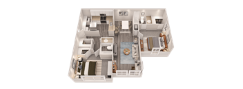 A 3D floor plan of a house with a living room, kitchen, dining room, and bedrooms.