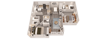 A 3D floor plan of a house with a kitchen, living room, dining room, and bedrooms.