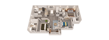 A 3D floor plan of a house showing a living room, kitchen, and bedrooms.