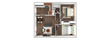 A top down view of a small apartment with a kitchen, living room, and bathroom.