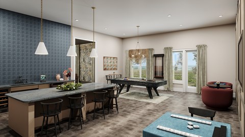 A modern kitchen with a dining table and chairs.