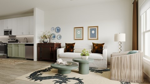 A living room with a white couch, a green coffee table, and a rug with a dragon design.
