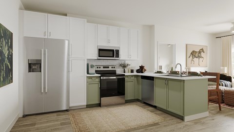 A kitchen with white cabinets and green appliances.