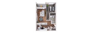 a 3d drawing of the upper floor of a house with a kitchen and bedroom