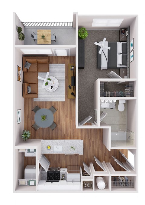 a 3d drawing of the upper floor of a house with a kitchen and bedroom