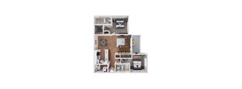 a stylized floor plan with a bedroom and a kitchen