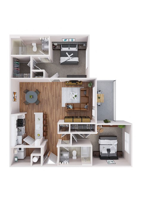 a stylized floor plan with a bedroom and a kitchen