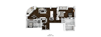 the 1122 square foot floor plan has a bedroom and a living room