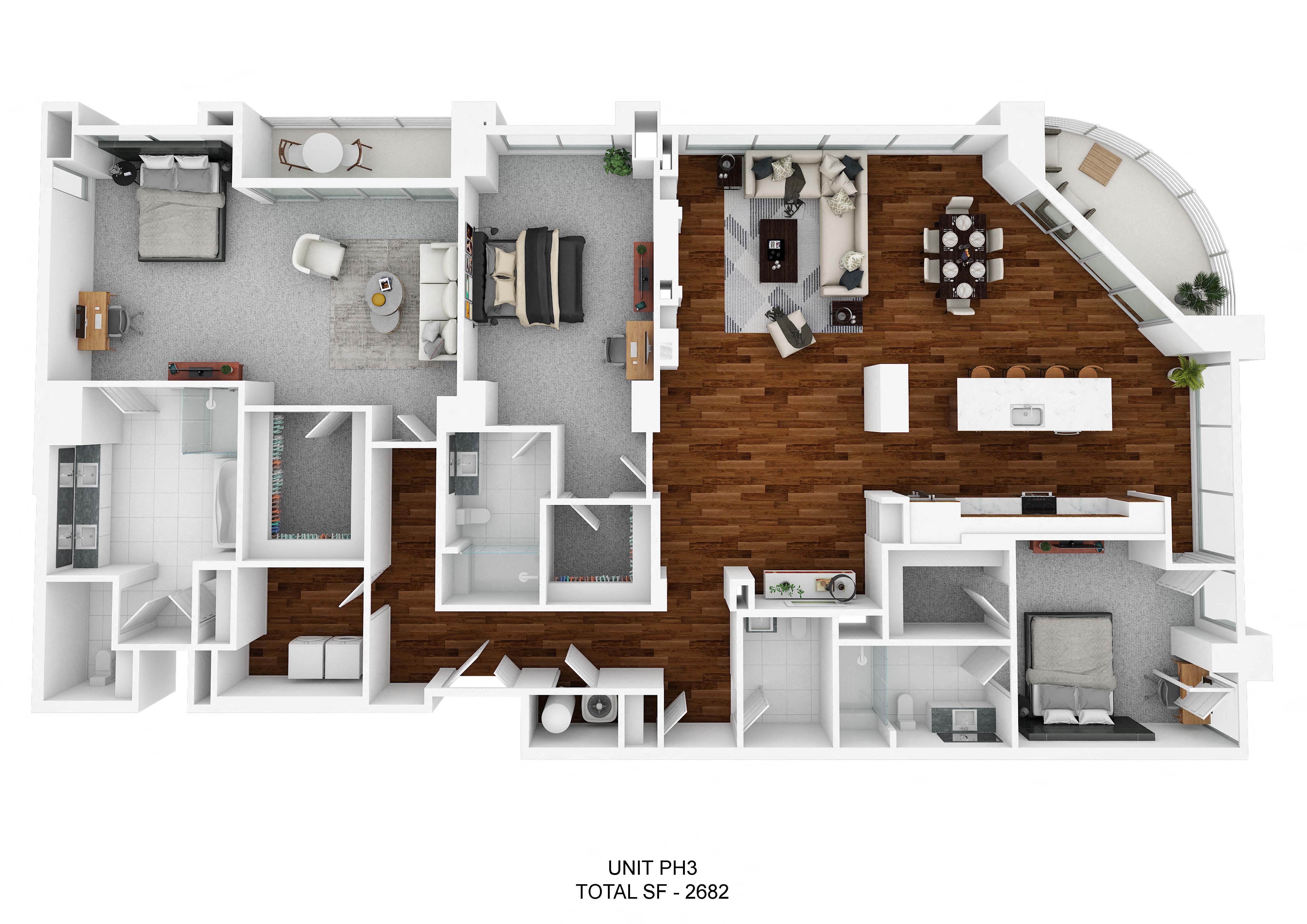 a 3d rendering of a floor plan with a wood floor