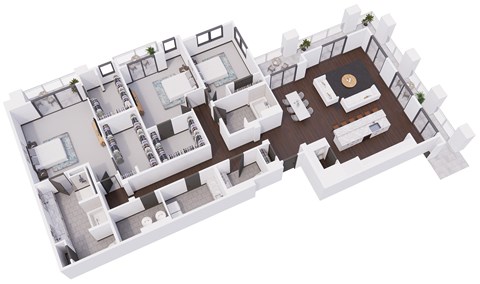 A 3D floor plan of a house with multiple rooms.