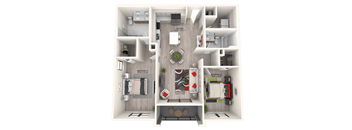 A floor plan of a two-bedroom apartment with a living room, kitchen, and bathroom.