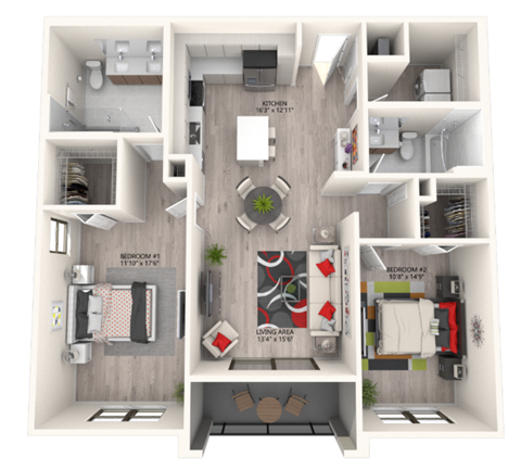 A floor plan of a two-bedroom apartment with a living room, kitchen, and bathroom.