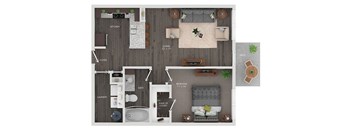 A floor plan of a small apartment with a living room, kitchen, and bedroom.
