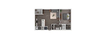 A floor plan of a small apartment with a kitchen, living room, and bathroom.