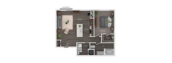 A floor plan of a Juliet balcony apartment with a living room, kitchen, bedroom, bathroom, foyer, and laundry room.