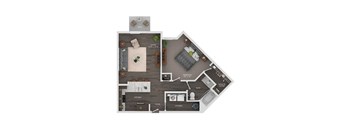 A floor plan of a house showing a living room, kitchen, laundry, and bedrooms.