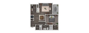 A floor plan of a small apartment with a living room, kitchen, dining room, bedroom, bathroom, and laundry area.