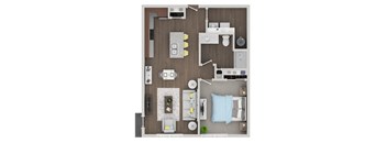 A top-down view of a small apartment with a kitchen, living room, and bedroom.
