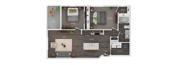 A floor plan of a house with a living room, kitchen, bedroom, bathroom, and laundry room.