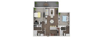 A top-down view of a small apartment layout with a kitchen, living room, and bathroom.