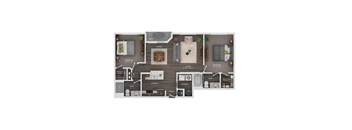 A floor plan of a house with a living room, dining room, kitchen, and bathrooms.