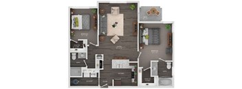 A floor plan of a house with a living room, kitchen, two bedrooms, a bathroom, and a laundry area.