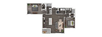 A floor plan of a two-bedroom apartment with a kitchen, living room, and bathroom.