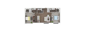 A floor plan of a small apartment with a kitchen, living room, and two bedrooms.