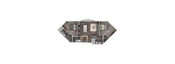 A floor plan of a Juliet apartment with a kitchen, living room, bedroom, bathroom, dining area, laundry room, and walk-in closet.