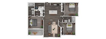 A floor plan of a house with a living room, kitchen, two bedrooms, a bathroom, a laundry room, and a deck.