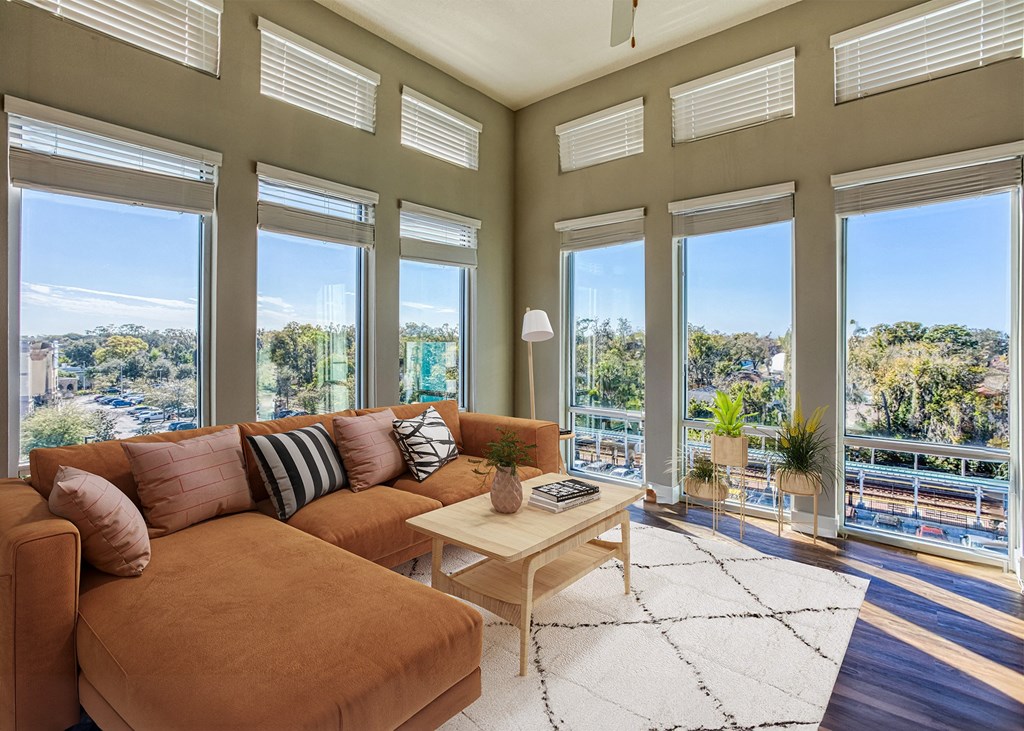 A living room with a brown couch and a white rug.