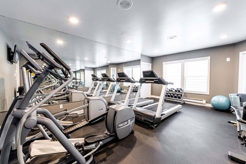 A gym with treadmills, elliptical machines, and a ball.