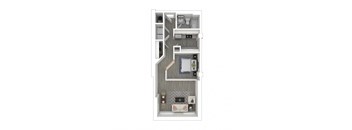 a stylized floor plan with a bedroom and a living room
