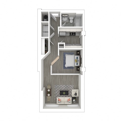 a stylized floor plan with a bedroom and a living room