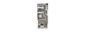a stylized floor plan with a bedroom and a living room