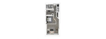 a stylized floor plan with a bedroom and a living room