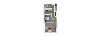 a stylized floor plan with a bedroom and a living room
