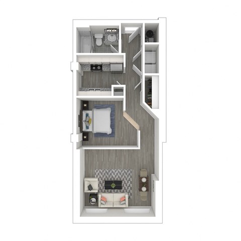 a stylized floor plan with a bedroom and a living room
