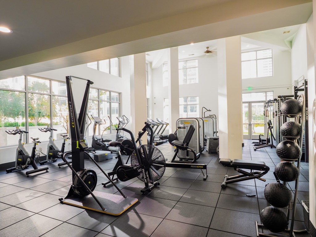 Luxury Apartments Near Emory University Hospital Midtown, Midtown Atlanta, GA  - Trace Midtown -  Fitness Studio With Free Weights, Cardio Equipment, Strength Training Machines, High Ceilings, Ceiling Fan, and Large Windows.