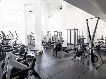 A gym with a variety of exercise equipment including treadmills, stationary bikes, and weight machines.