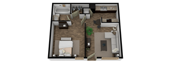 A 3D rendered image of a small apartment layout.