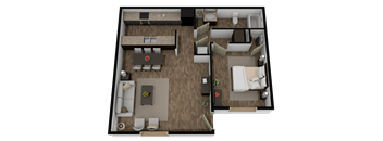 A 3D floor plan of a house showing a living room, kitchen, and two bedrooms.