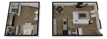 Two images of a room with a couch, table, and chairs.