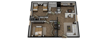 A 3D floor plan of a house with two bedrooms, a living room, a kitchen, and a bathroom.