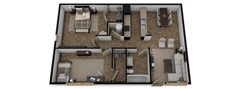 A 3D rendered image of a house layout.