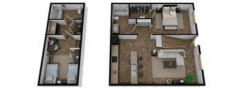 Two images of a room layout with a bed, a couch, a table, and a chair.
