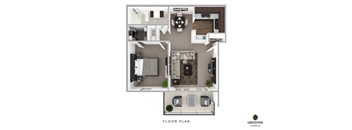 A floor plan of a Greystone apartment shows a living room, kitchen, and two bedrooms.