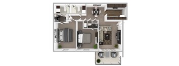 A 3D floor plan of a small apartment with two bedrooms, a living room, and a kitchen.