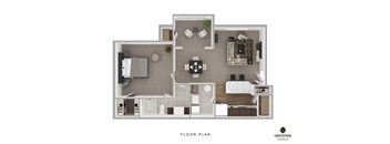 A floor plan of a small apartment with a living room, kitchen, and two bedrooms.