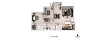 A floor plan of a Greystone property showing a kitchen, living room, and two bedrooms.